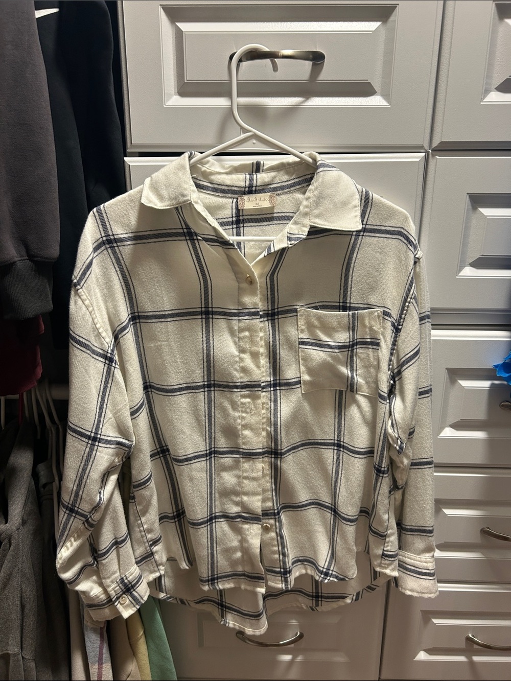 Plaid Button-Front Shirt - Cream with Navy Check